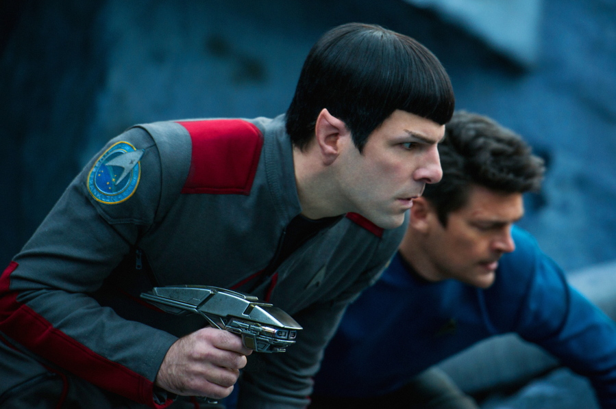 Zachary Quinto as Spock, left, and Karl Urban as Dr.