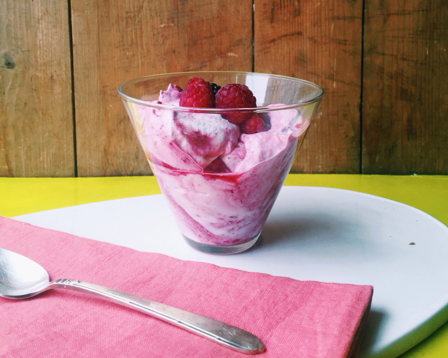 Summer Berry Fool dessert is made with pur?ed fresh berries folded into whipped cream.
