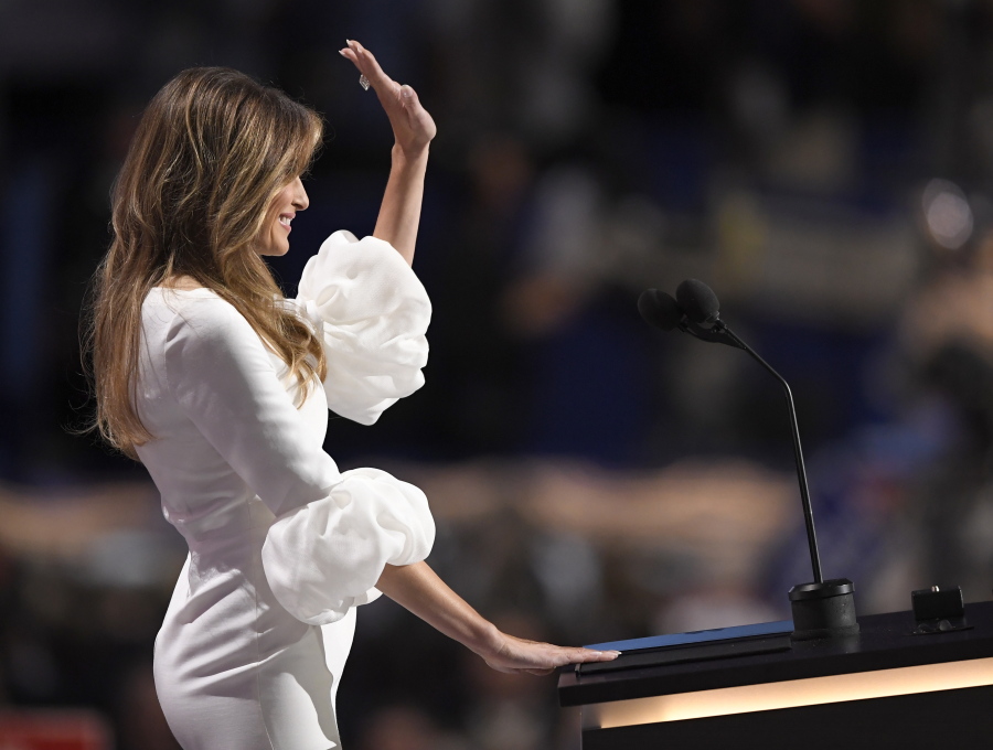 Melania Trump waves after speaking during the opening day of the Republican National Convention in Cleveland, Monday, July 18, 2016. (AP Photo/Mark J.