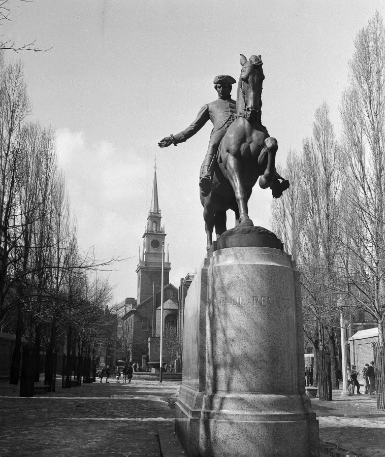 This March 23, 1948, file photo shows a statue of Paul Revere in front of Christ Church in Boston. Other American wars have inspired acclaimed movies, plays, poems and novels, but notable works about the American Revolution are rare outside of history books.