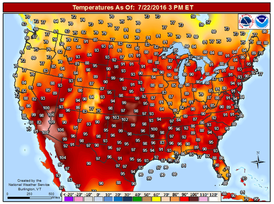 At 3 p.m. Eastern Time (noon Pacific Time) Friday, nearly every state in the continental United States had reached 90 degrees somewhere. The National Weather Service forecasts that nearly all of the Lower 48 states could hit 95 on the heat index Monday, which factors in humidity.