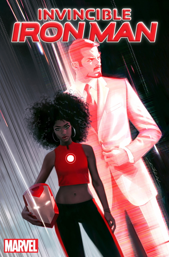 The cover of Marvel&#039;s &quot;Invincible Ironman #1&quot; features the character Riri Williams, a science genius, who will replace Tony Stark in the role, released this fall.