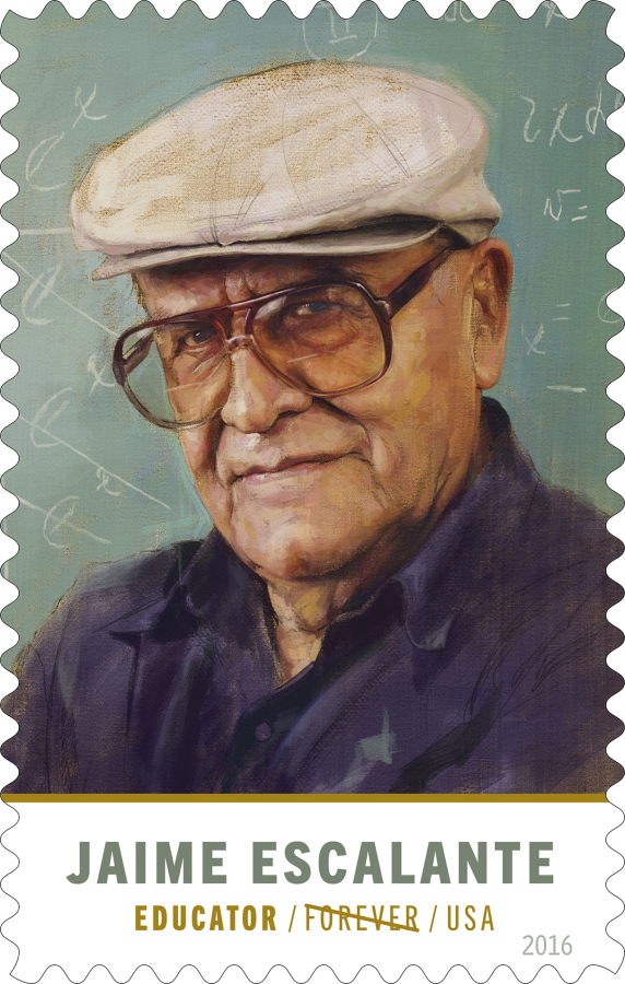 This image provided by the U.S.Postal Service show the forever stamp honoring the late California calculus teacher Jaime Escalante, whose story about pushing underachieving students to succeed was chronicled in the 1988 hit movie &quot;Stand and Deliver.&quot; (USPS via AP)
