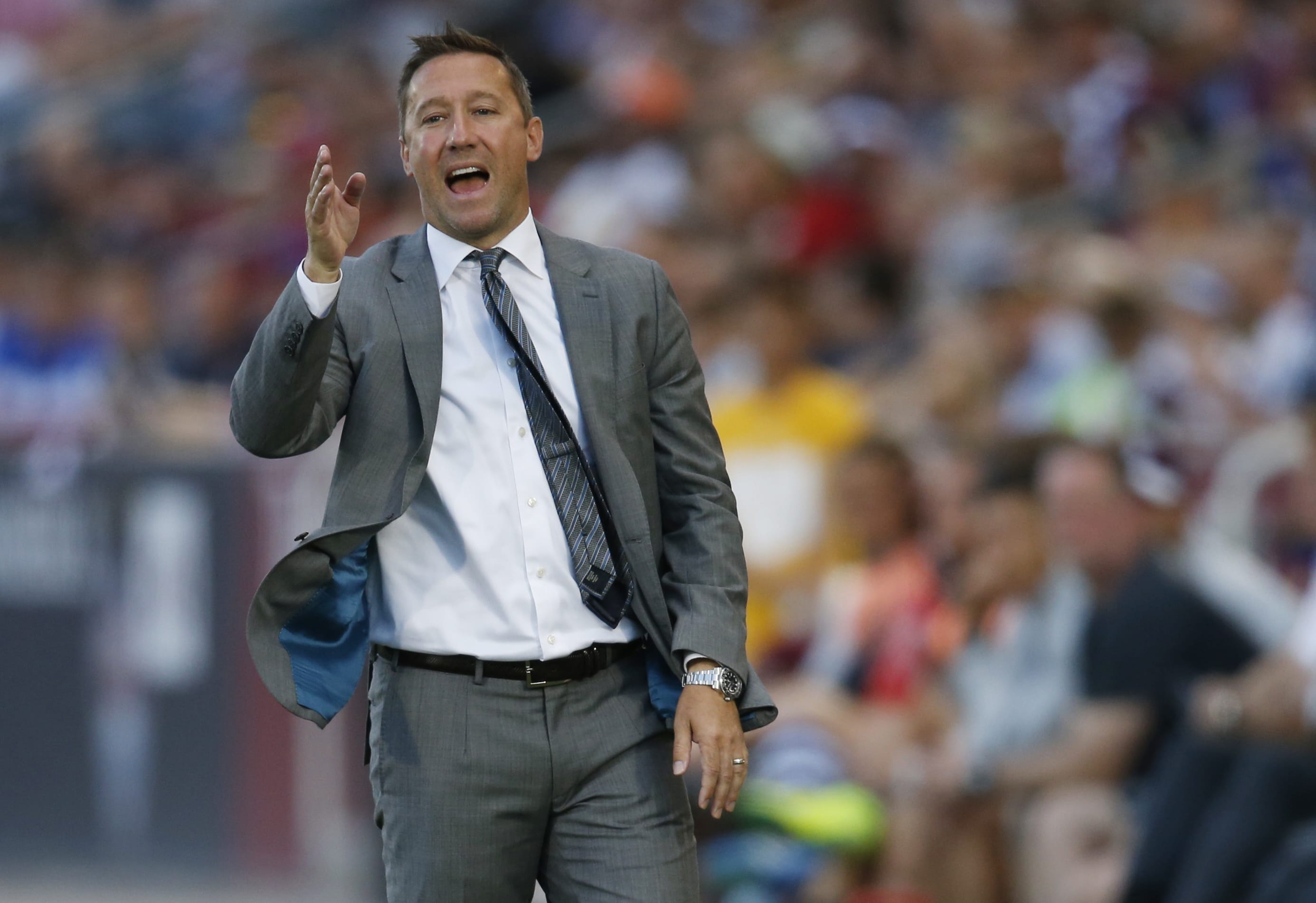 Portland Timbers head coach Caleb Porter directs his team against the Colorado Rapids in the first half of an MLS match Monday, July 4, 2016, in Commerce City, Colo.