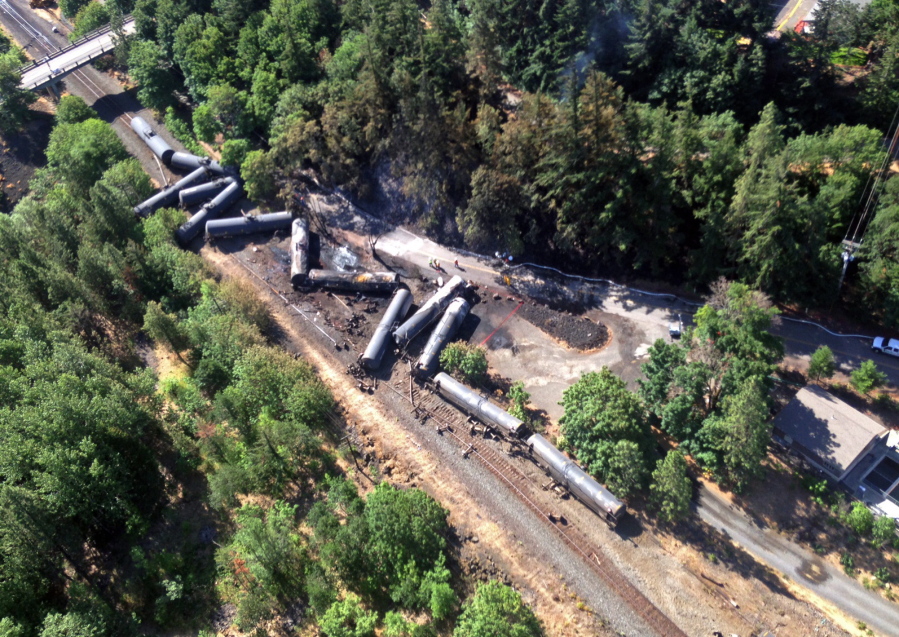 Scattered and burned oil tank cars after a train derailed and burned June 4 near Mosier, Ore.