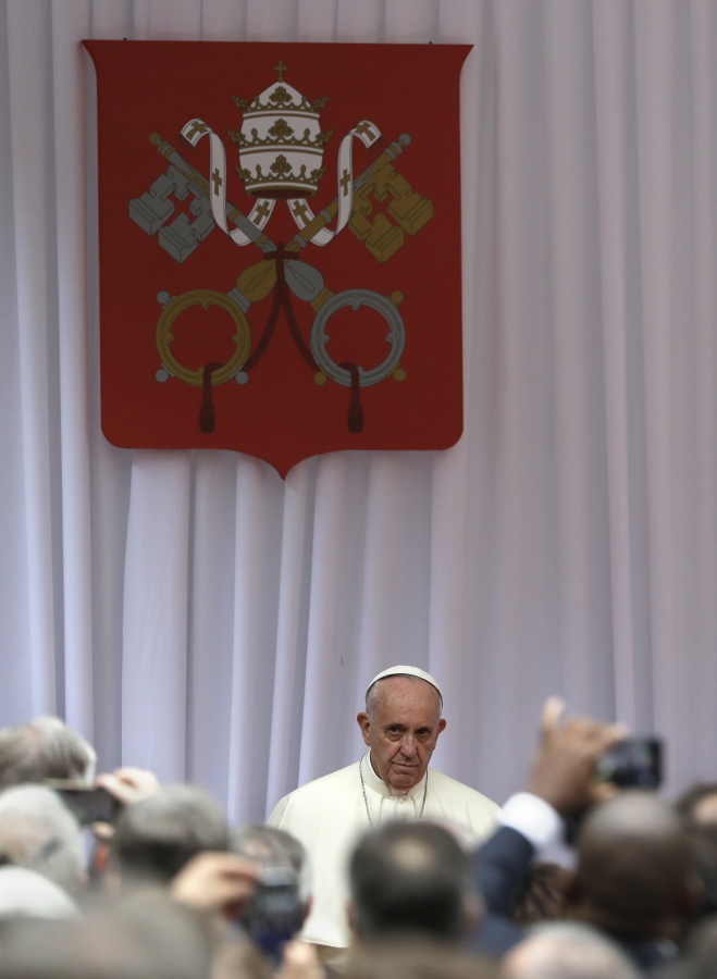 Pope Francis attends an official welcoming ceremony at the royal Wawel Castle in Krakow, Poland, on Wednesday.