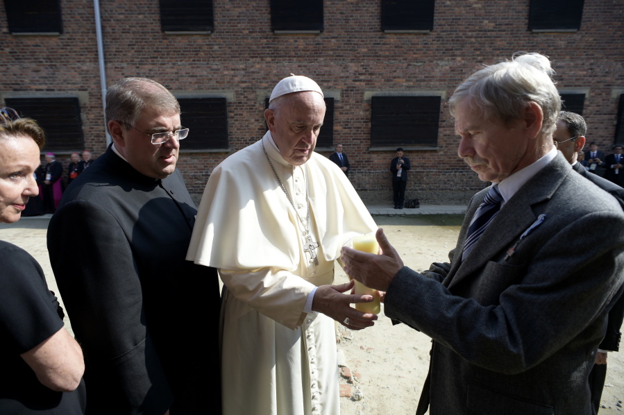 Pope Francis meets Friday with camp survivors in the former Nazi German death camp of Auschwitz-Birkenau in Oswiecim, Poland. Pope Francis paid a somber visit to the Nazi German death camp of Auschwitz-Birkenau on Friday, becoming the third consecutive pontiff to make the pilgrimage to the place where Adolf Hitler&#039;s forces killed more than 1 million people, most of them Jews. s.