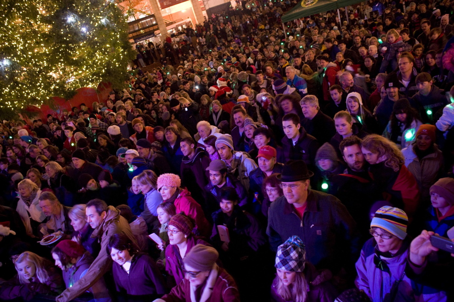 A crowd watches as a Christmas tree is lit at Pioneer Courthouse square on Nov. 26, 2010, in Portland. Convicted of trying to detonate a bomb at this tree-lighting ceremony, Mohamed Mohamud is seeking a new trial.