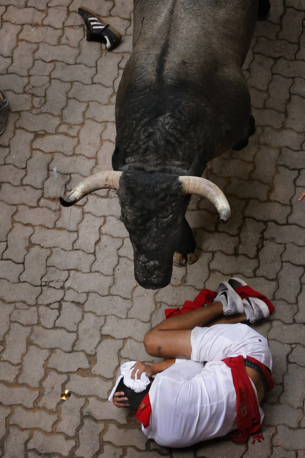 A reveler covers his head after falling beside a  bull Saturday at the running of the bulls in Pamplona, Spain.