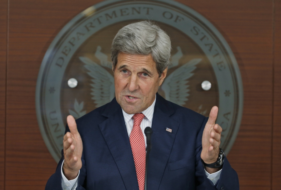 In this July 12, 2016, photo, Secretary of State John Kerry speaks at the Washington Passport Agency in Washington. Frustrated by months of failure in Syria, the U.S. is taking what might be its final offer to Russia. Officials say Moscow would get long-sought intelligence and military cooperation to fight the Islamic State and other extremist groups, if Syria???s Russian-backed leader upholds a ceasefire with U.S.-supported rebel groups and starts a political transition. Kerry, who will travel to Moscow later this week, has spoken of an August deadline for Syria???s transition to begin.