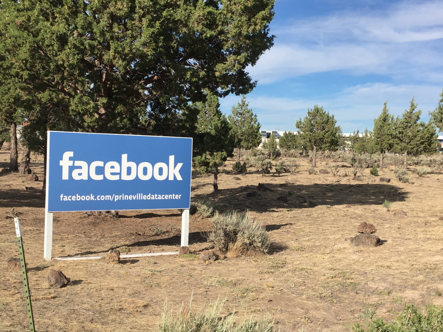 A sign shows the entrance to the Facebook Data Center in Prineville, Ore.
