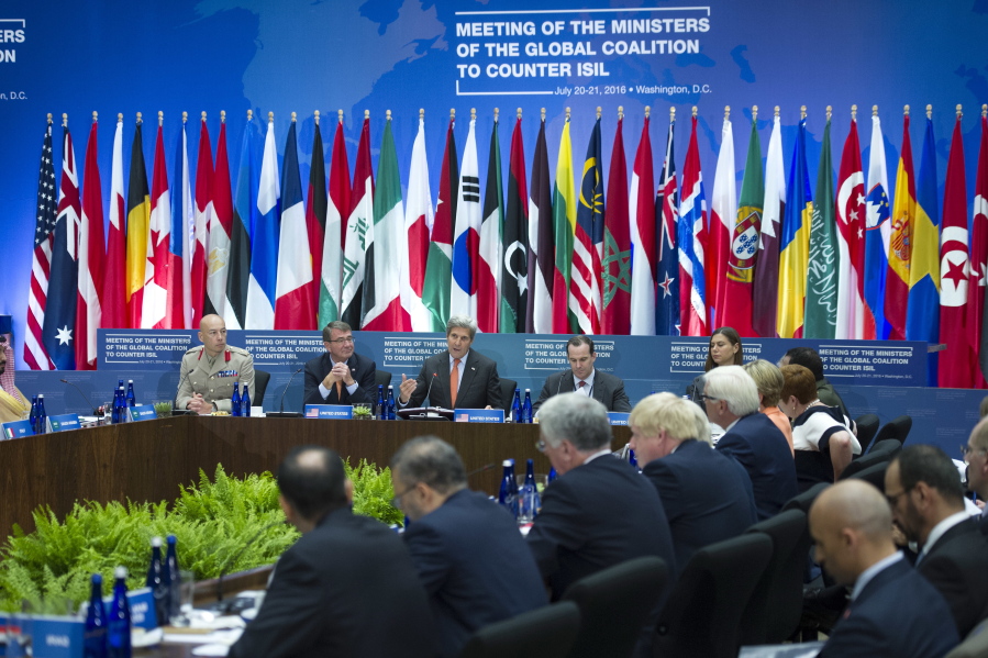 Secretary of State John Kerry addresses the Meeting of the Ministers of the Global Coalition to Counter ISIL at the State Department in Washington, Thursday, July 21, 2016.