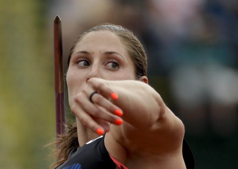 Kara Winger competes during qualifying for the women's javelin at the U.S. Olympic Track and Field Trials, Thursday, July 7, 2016, in Eugene Ore.