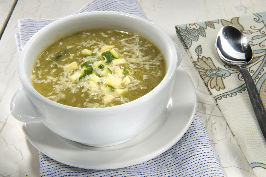 The Star&#039;s creamy Zucchini Soup is added to a base of low-salt chicken broth and flavored with the heat of a jalapeno and the fresh, pungent licorice-like flavor of basil.