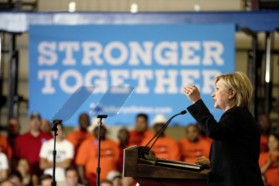 Democratic presidential candidate Hillary Clinton gives a speech on the economy Thursday in Warren, Mich.