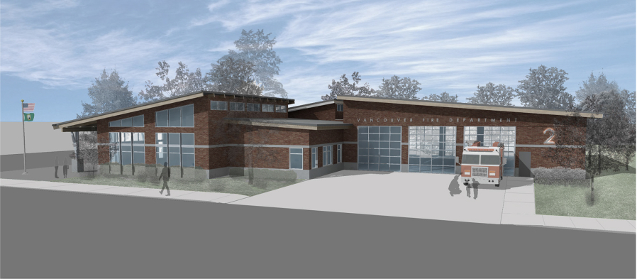 An artist's rendering of the new city of Vancouver fire station planned for Uptown Village at West Fourth Plain Boulevard and Main Street, and the new station planned on Norris Road, south of Fourth Plain. The two stations will be close to identical.