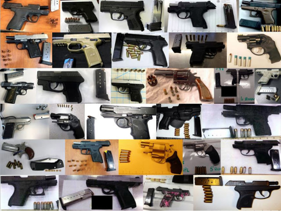 This composite photo shows some of the 78 firearms, with their ammunition, that airport security officials said they captured in just one week at airports nationwide.
