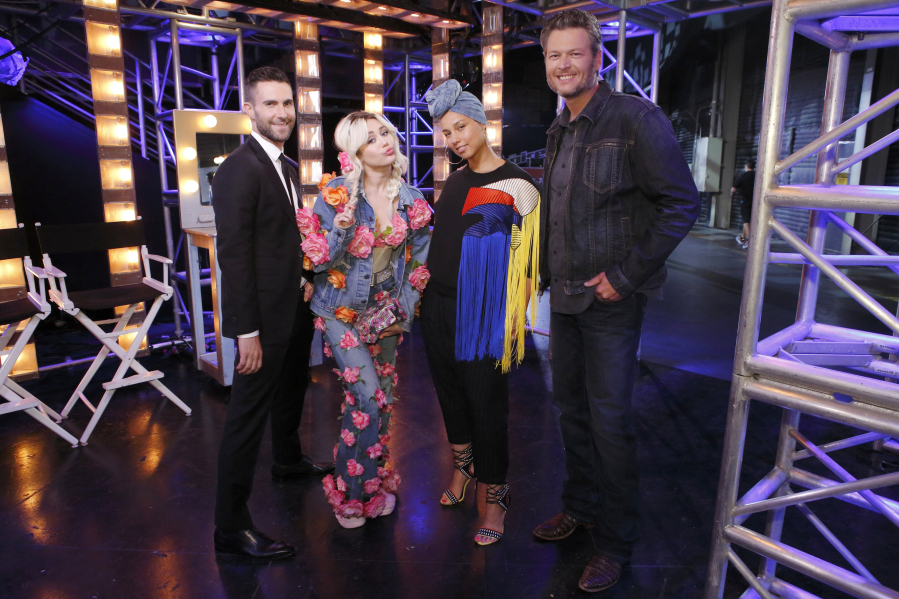Adam Levine, from left, Miley Cyrus, Alicia Keys and Blake Shelton on the new season of &quot;The Voice.&quot; (Trae Patton/NBC)
