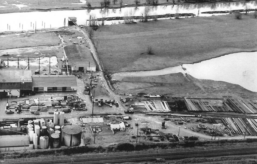 Pacific Wood Treating as seen from the air prior to its closure in 1993. The Port of Ridgefield took more than a decade to clean up the contaminated site so it could be redeveloped.