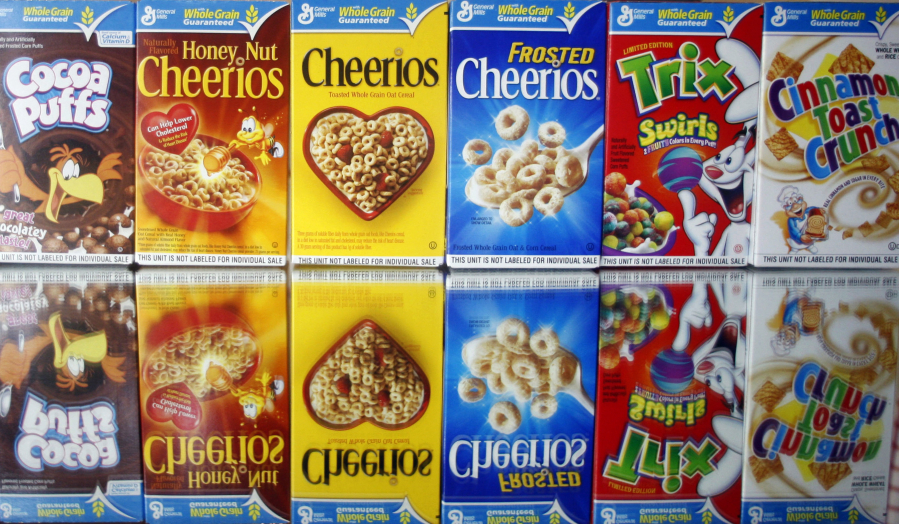 Boxes of General Mills cereals in Portland.