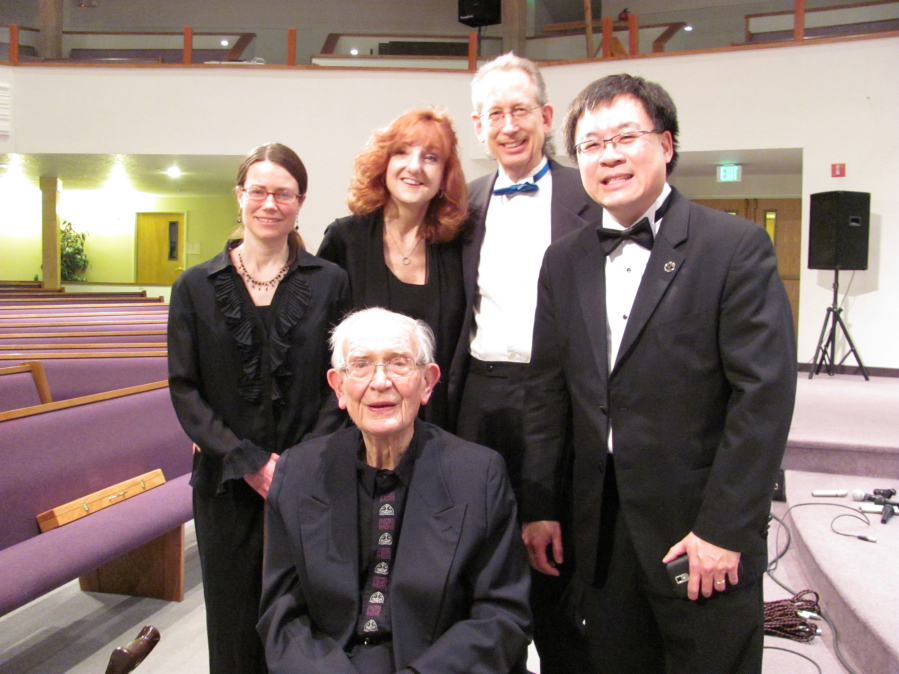 From left, Rebecca Olsen (flute), Victoria Racz (oboe), Michael McCabe (guitar) and Michael Liu (piano) were among the musicians who pulled together in 2014 to perform a &quot;lifetime recognition&quot; concert of works by Matt Doran, front and center.