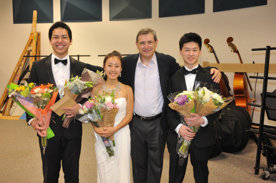 The winners of the Vancouver Symphony Orchestra&#039;s 2016 Young Artists competition -- pianists Anthony Zheng, from left, and Lauren Yoon; and cellist Richard Lu, right -- are joined by joined by maestro Salvador Brotons.