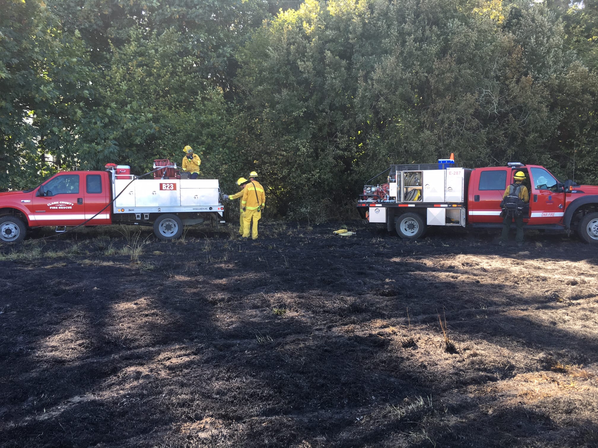 Firefighters respond to a brush fire north of Ridgefield Friday afternoon.