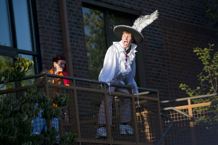 Petruchio, played by Tristan Boesch, makes a dramatic entrance to his wedding during a performance of Shakespeare&#039;s &quot;The Taming of the Shrew&quot; at the Vancouver School of Arts and Academics on Friday.
