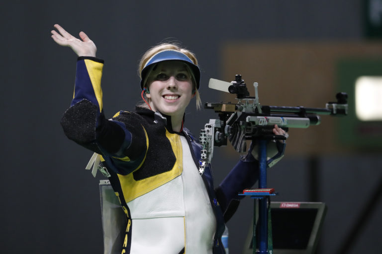 Virginia Thrasher of the United States celebrates winning a shootout to secure the gold medal in the Women's 10m Air Rifle event at Olympic Shooting Center at the 2016 Summer Olympics in Rio de Janeiro, Brazil, Saturday, Aug. 6, 2016.
