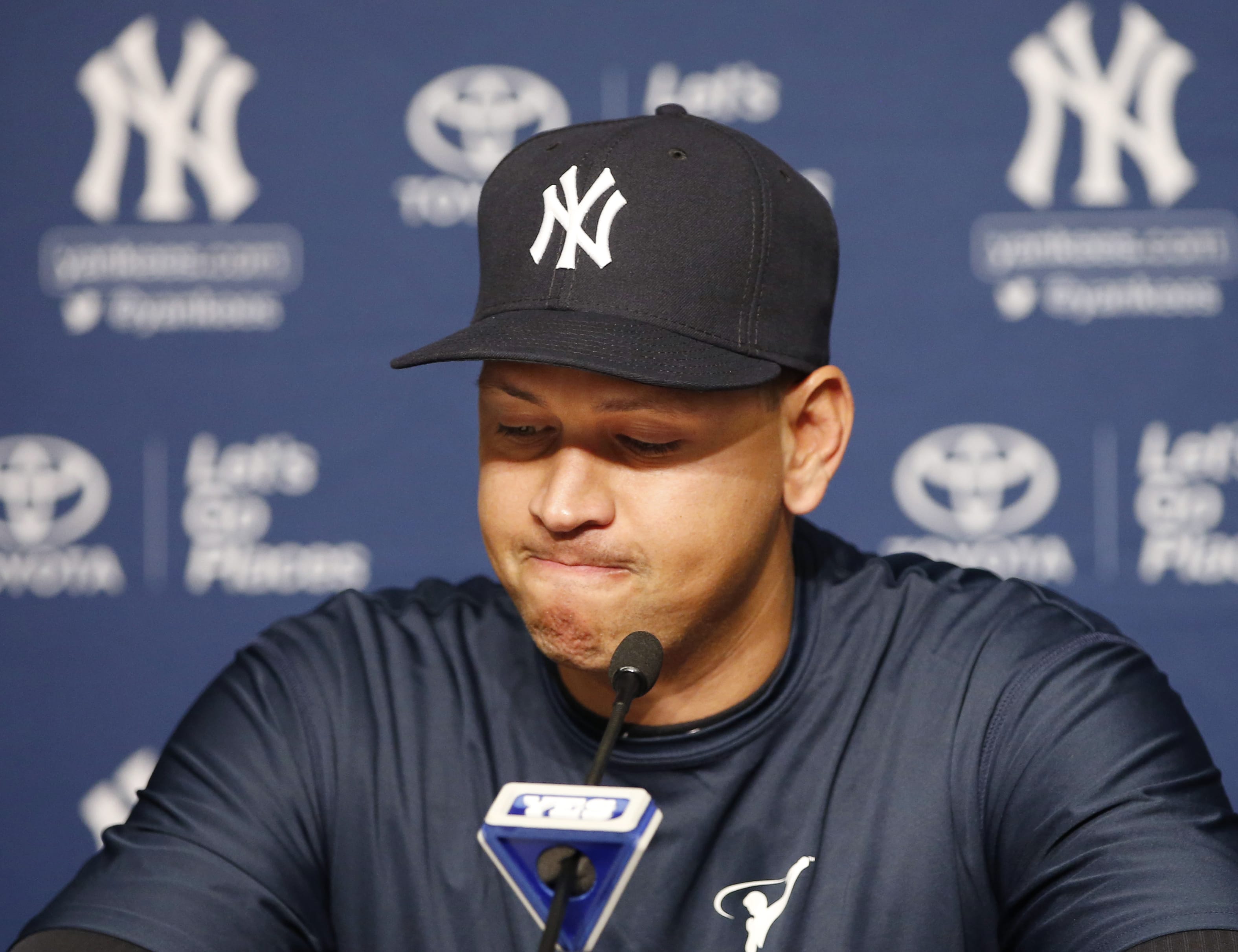 New York Yankees' Alex Rodriguez pauses as he announces that Friday, Aug. 12, 2016, will be his last game as a player during a news conference at Yankee Stadium in New York, Sunday, Aug. 7, 2016. He will continue on in a role as a special advisor and instructor to the team through Dec. 31, 2017.