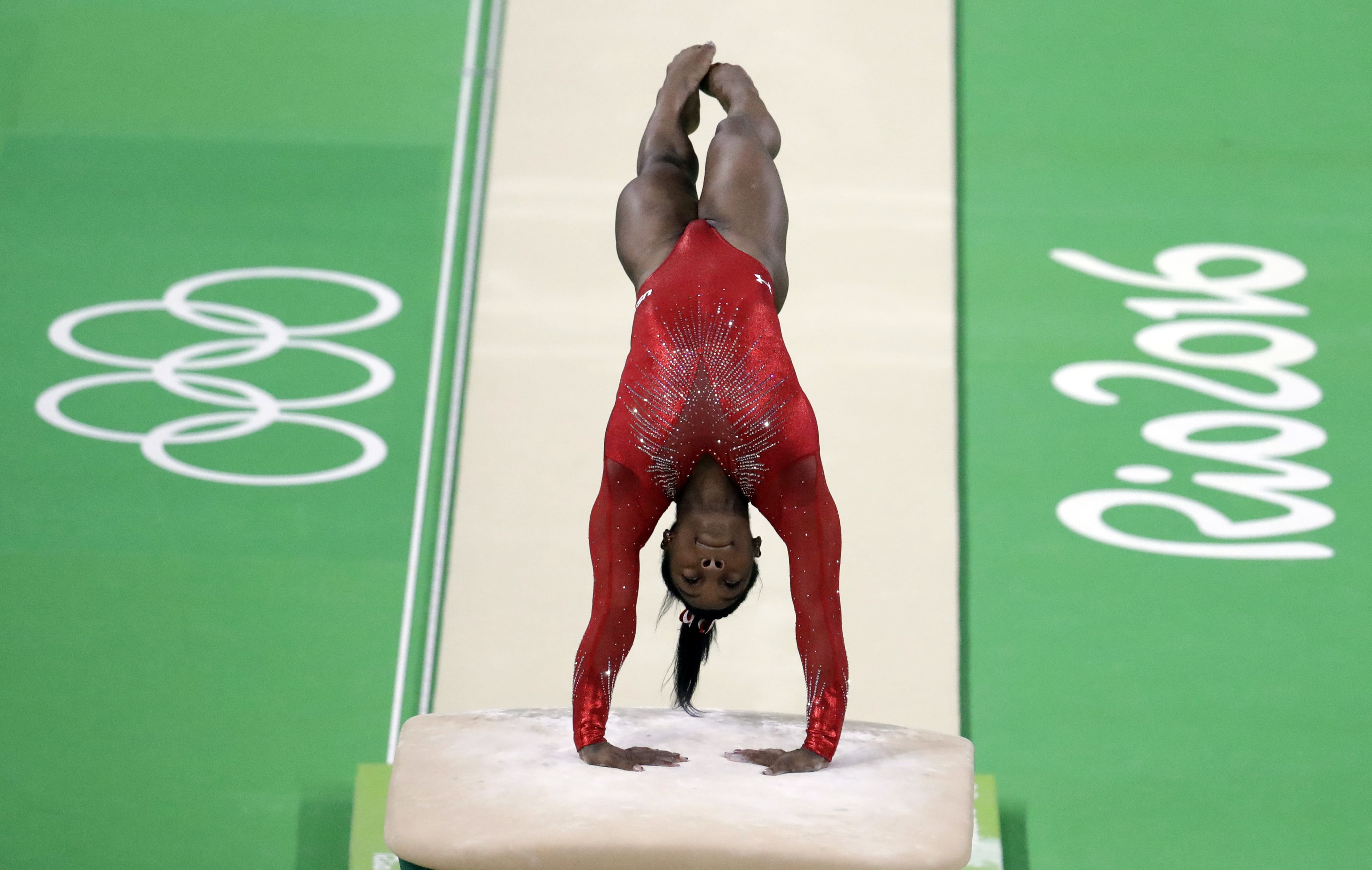United States' Simone Biles performs on the vault during the artistic gymnastics women's apparatus final at the 2016 Summer Olympics in Rio de Janeiro, Brazil, Sunday, Aug. 14, 2016.