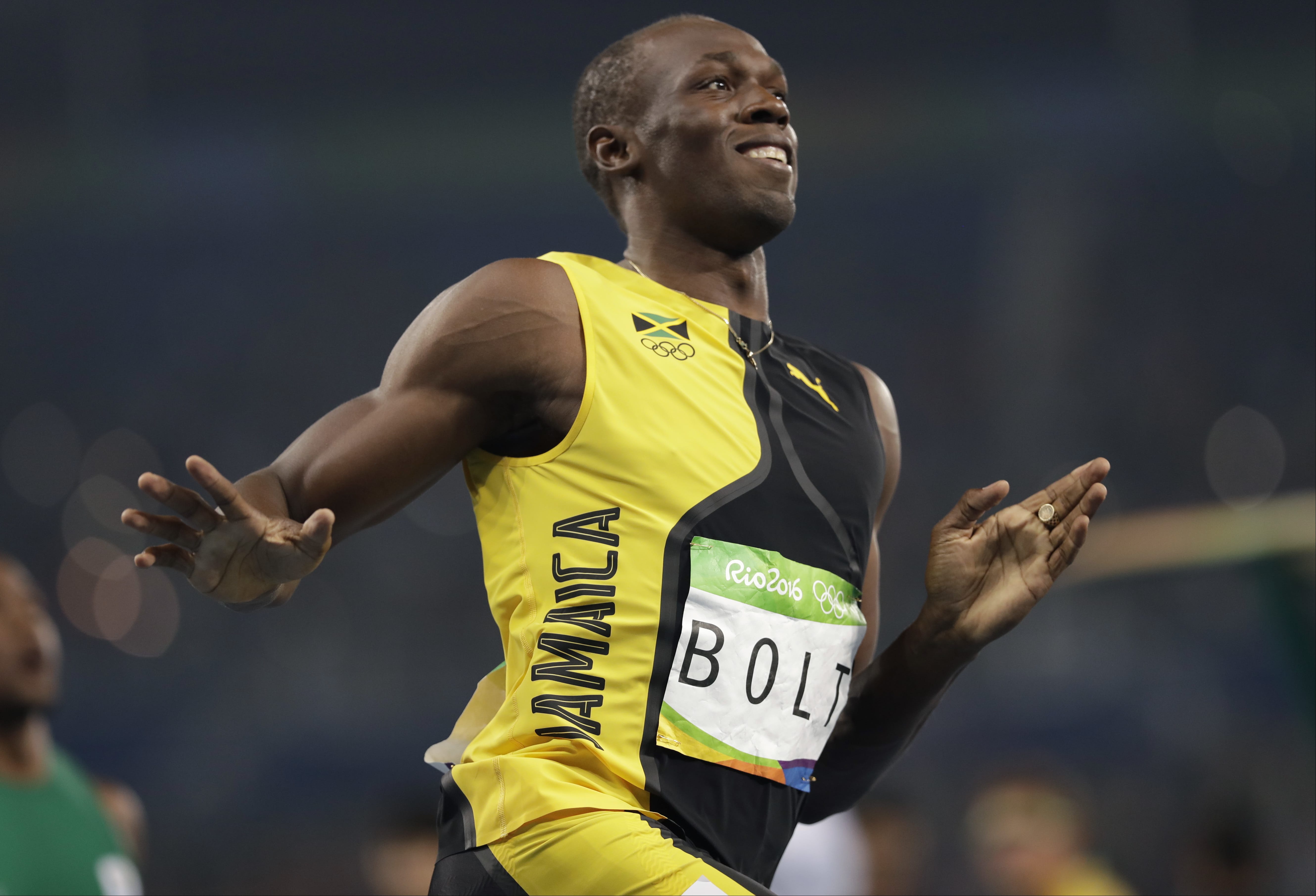 Jamaica's Usain Bolt wins the men's 100-meter final during the athletics competitions of the 2016 Summer Olympics at the Olympic stadium in Rio de Janeiro, Brazil, Sunday, Aug. 14, 2016. (AP Photo/David J.