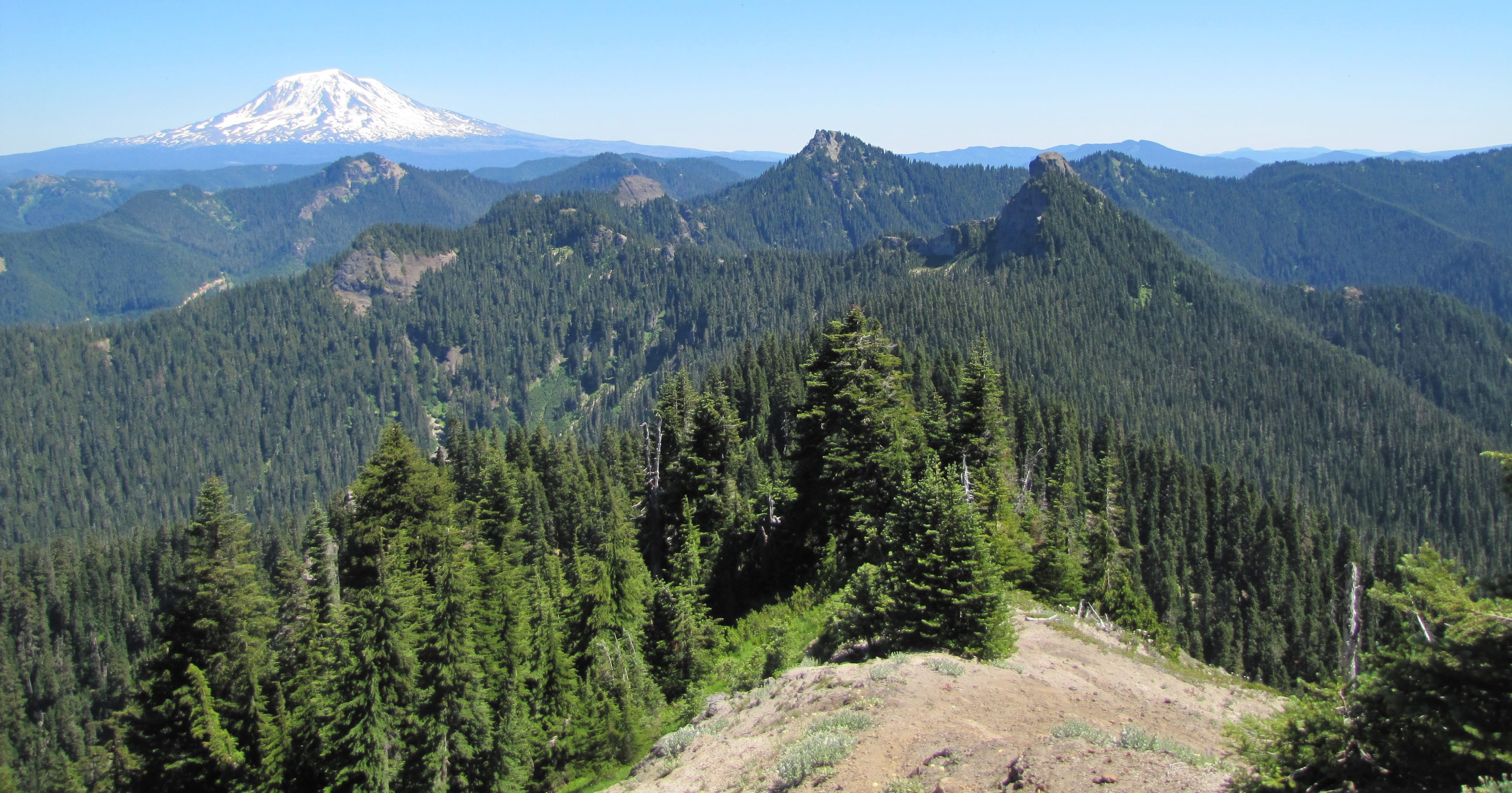 From the summit of Badger Peak, hikers get a view of the peaks and rocks of the Dark Divide roadless area, plus can see Mount Adams on the eastern horizon.