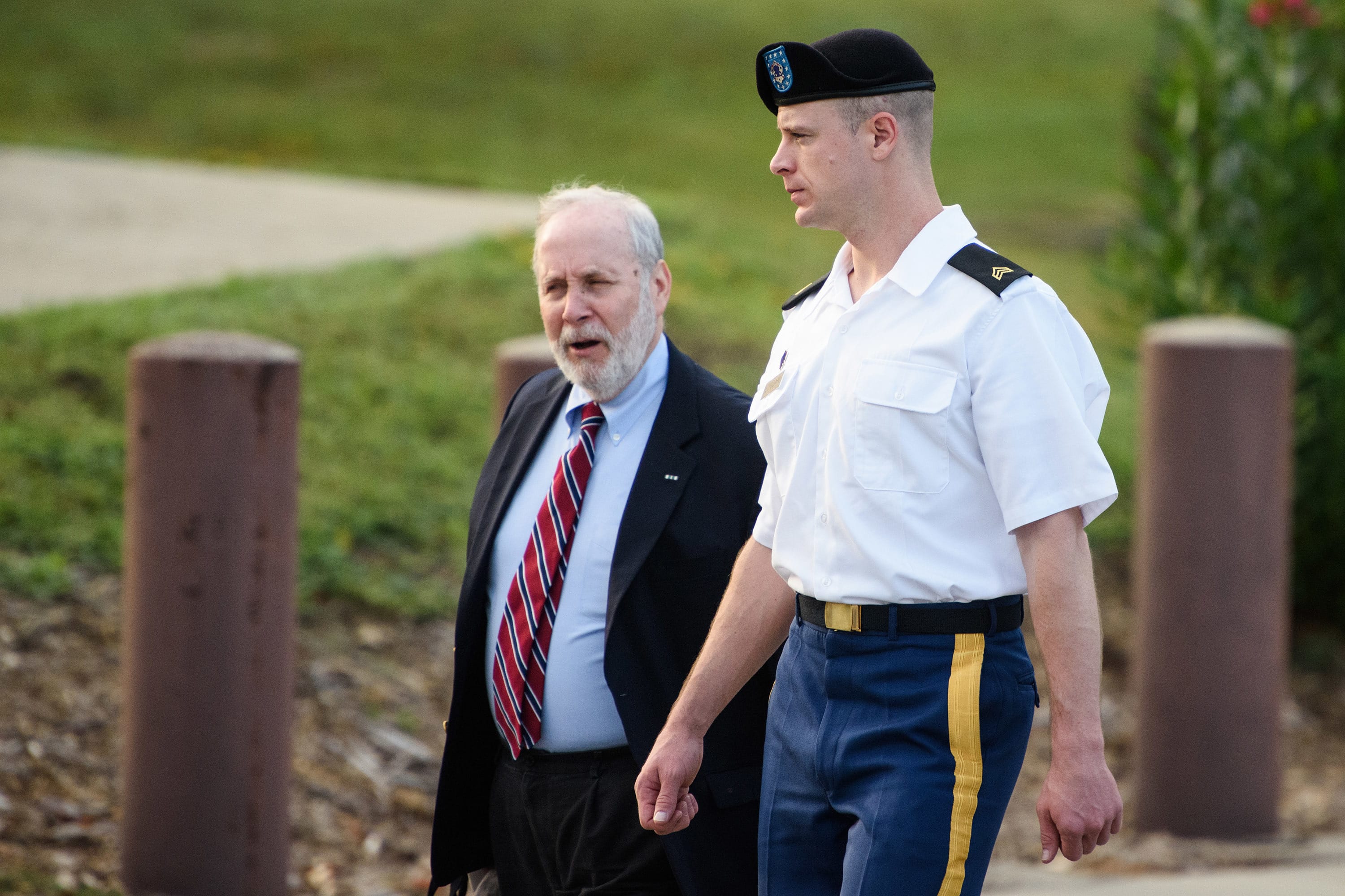 Sgt. Bowe Bergdahl, right, arrives with his civilian attorney, Eugene Fidell, for a legal hearing at the courtroom on Wednesday, Aug. 24, 2016, on Fort Bragg, N.C. Bergdahl, who disappeared in Afghanistan in 2009 and was held by the Taliban for five years, is charged with desertion and misbehavior before the enemy.