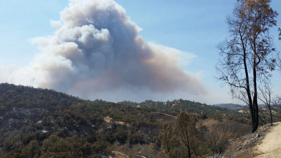 This photo provided by California Department of Forestry and Fire Protection shows smoke billowing from a wildfire in San Luis Obispo County, Calif., Saturday.