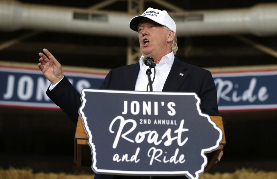 Republican presidential candidate Donald Trump speaks at Joni&#039;s Roast and Ride at the Iowa State Fairgrounds, in Des Moines, Iowa, on Saturday.