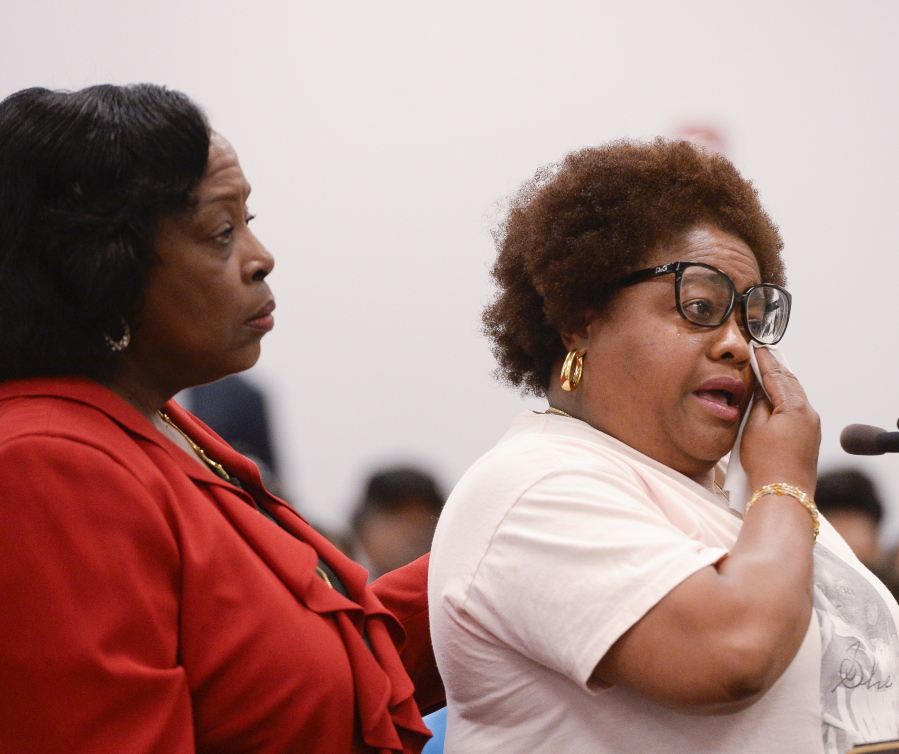 Lisa McNair, sister of Carol Denise McNair, who was killed in the 1963 bombing at 16th Street Baptist Church in Birmingham, becomes emotional while speaking during a parole hearing for bomber Thomas E. Blanton Wednesday in Montgomery, Ala.