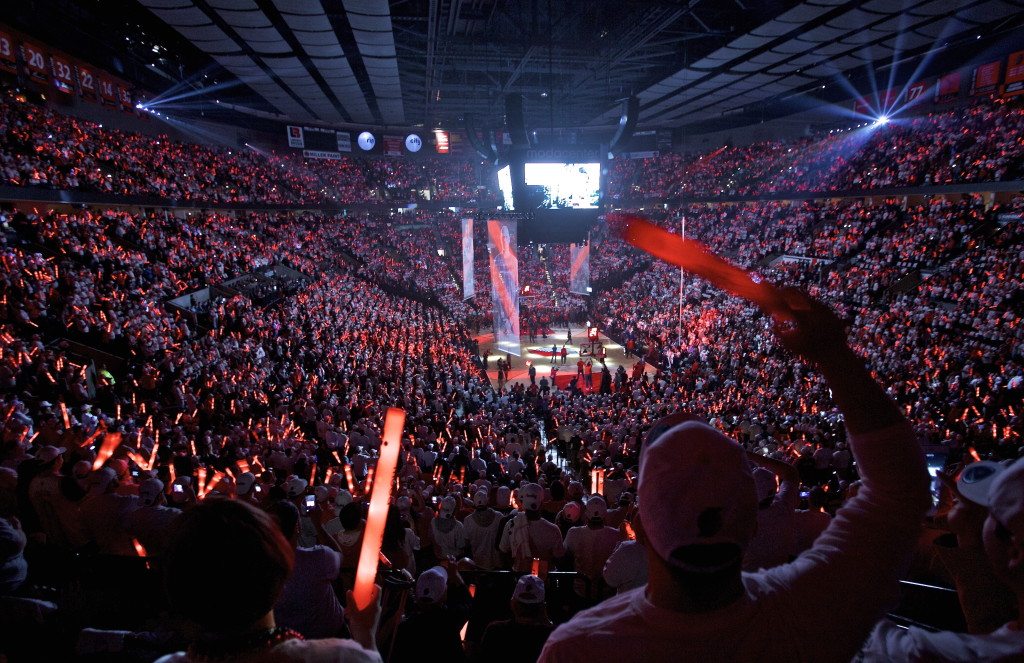 Fans cheer as the Portland Trail Blazers are introduced before Game 3 of an NBA basketball first-round playoff series against the Los Angeles Clippers on April 23 in Portland.