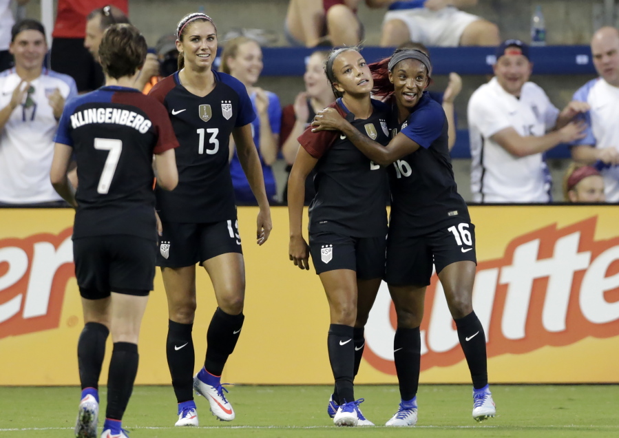 United States forward Mallory Pugh (2) is congratulated by Crystal Dunn (16) after scoring against Costa Rica. (Colin E.