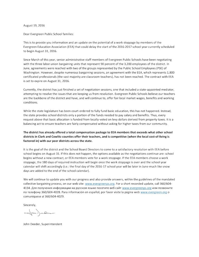 On August 19, the Evergreen School District sent this letter to families explaining the ongoing contract negotiations with the teachers and the attempt to reach a contract agreement. PDF