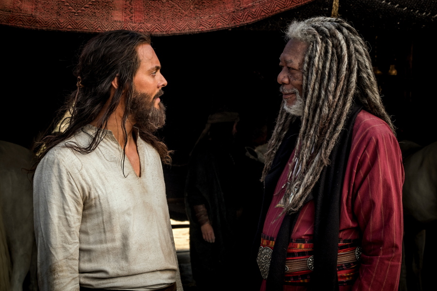 Jack Huston as Judah Ben-Hur, left, and Morgan Freeman as Ilderim, left, in a scene from &quot;Ben-Hur.&quot; (Philippe Antonello/Paramount Pictures)