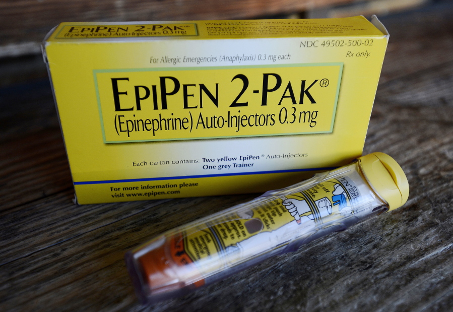 An EpiPen epinephrine auto-injector, a Mylan product, in Hendersonville, Texas.