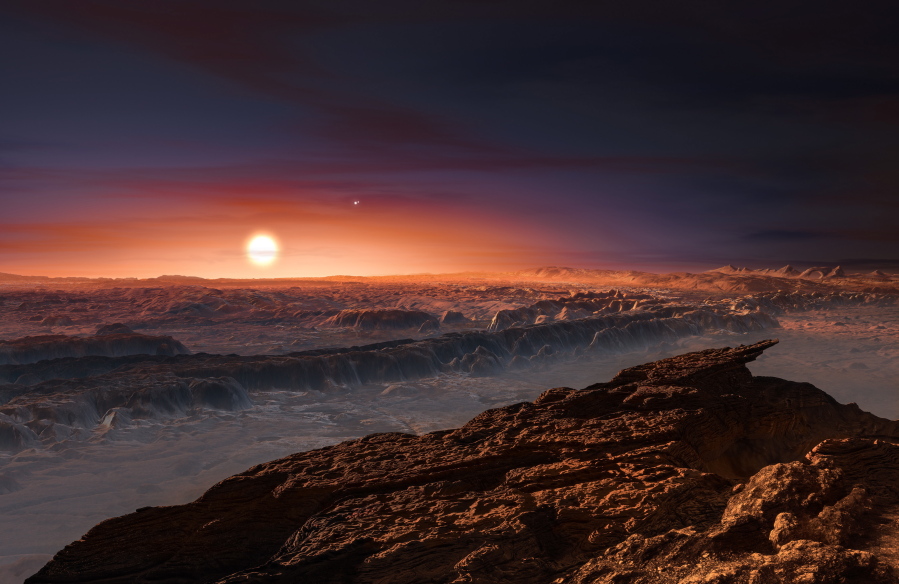 This artist&#039;s rendering shows a view of the surface of the planet Proxima b.