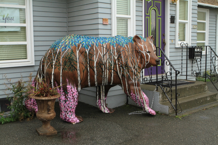 A life-sized fiberglass bear statue painted as a birch forest stands in front of the All About You Medical Spa on Thursday in Anchorage, Alaska. The &quot;Bears on Parade&quot; statues were installed to increase awareness of brown and black bears that live within the municipality of Anchorage and to highlight an international bear conference hosted by the city.