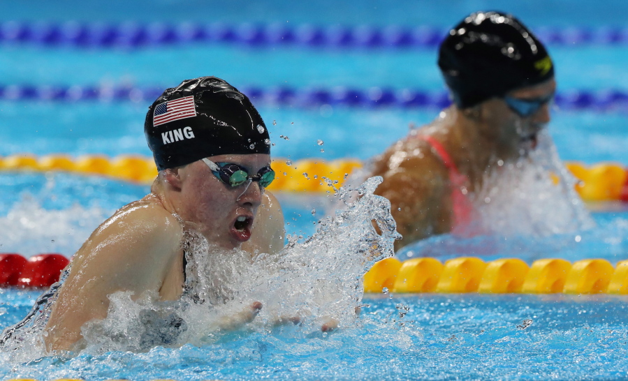 United States&#039; Lilly King, left, and Russia&#039;s Yulia Efimova head for home in the final of the women&#039;s 100-meter breaststroke on Monday.