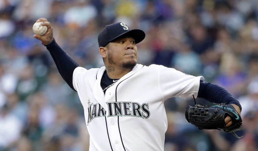 Seattle Mariners starting pitcher Felix Hernandez throws against the Detroit Tigers during the first inning of a baseball game Wednesday, Aug. 10, 2016, in Seattle.
