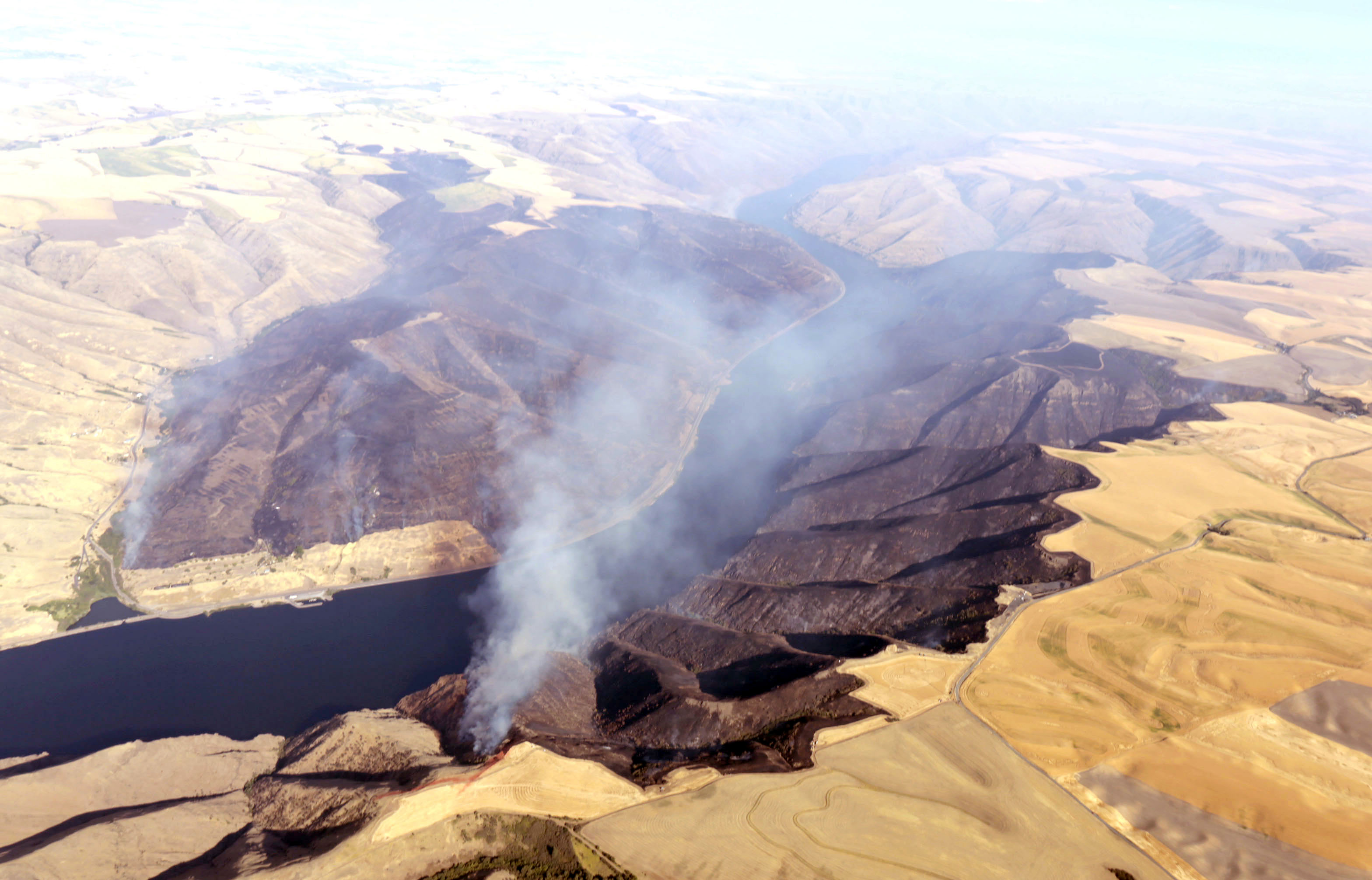 The Snake River Complex Fire continues to burn on both sides of the river west of Colton, Wash., on Wednesday, Aug. 3, 2016. The state of Washington is managing firefighters and aircraft that are fighting the 10,000 fire, which was 10-percent contained as of Wednesday evening. Three college-age men admitted to the Whitman County Sheriff's Office on Wednesday that they lit a campfire near the are where the fire started. The fire started in Garfield County and the jumped the Snake River into Whitman County.
