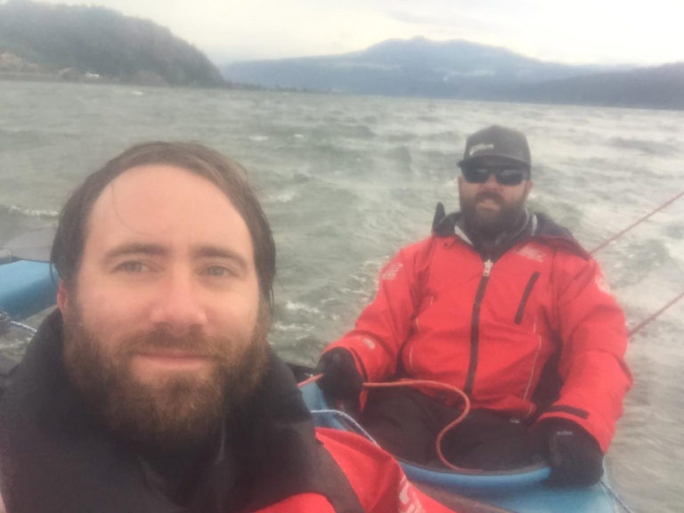 Brothers Kevin and Justin Bay (in sunglasses) did more rowing than sailing during the 2016 Race to Alaska.