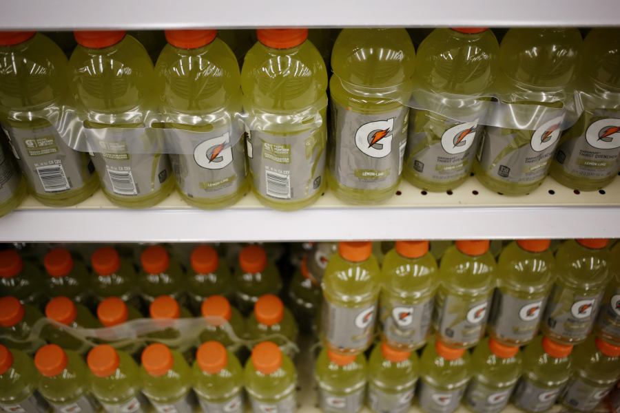 Bottles of Gatorade inside a Kroger grocery store in Louisville, Ky., on April 21.