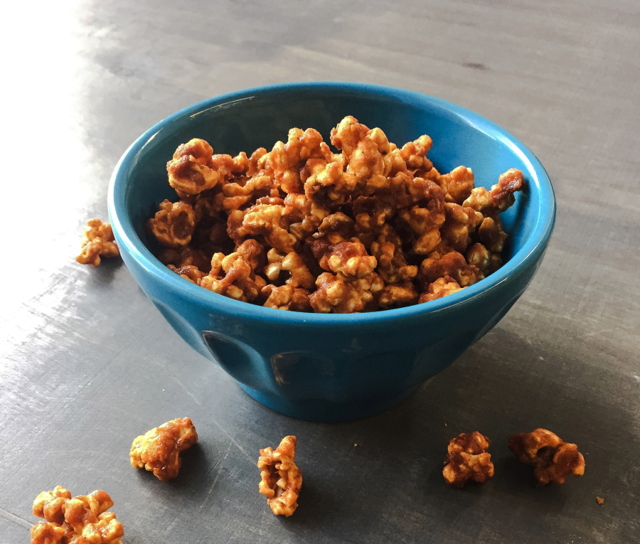 Dorie Greenspan&#039;s Caramel-Honey Popcorn can be spiced up with chipotle and cinnamon. (Washington Post photo by Dudley M.